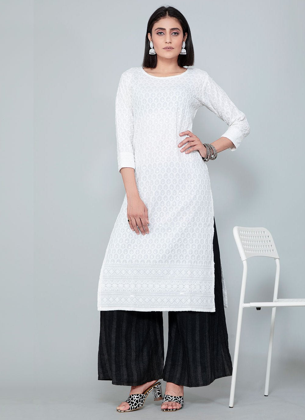 Designer Kurti Rayon White Chikankari Work Kurtis