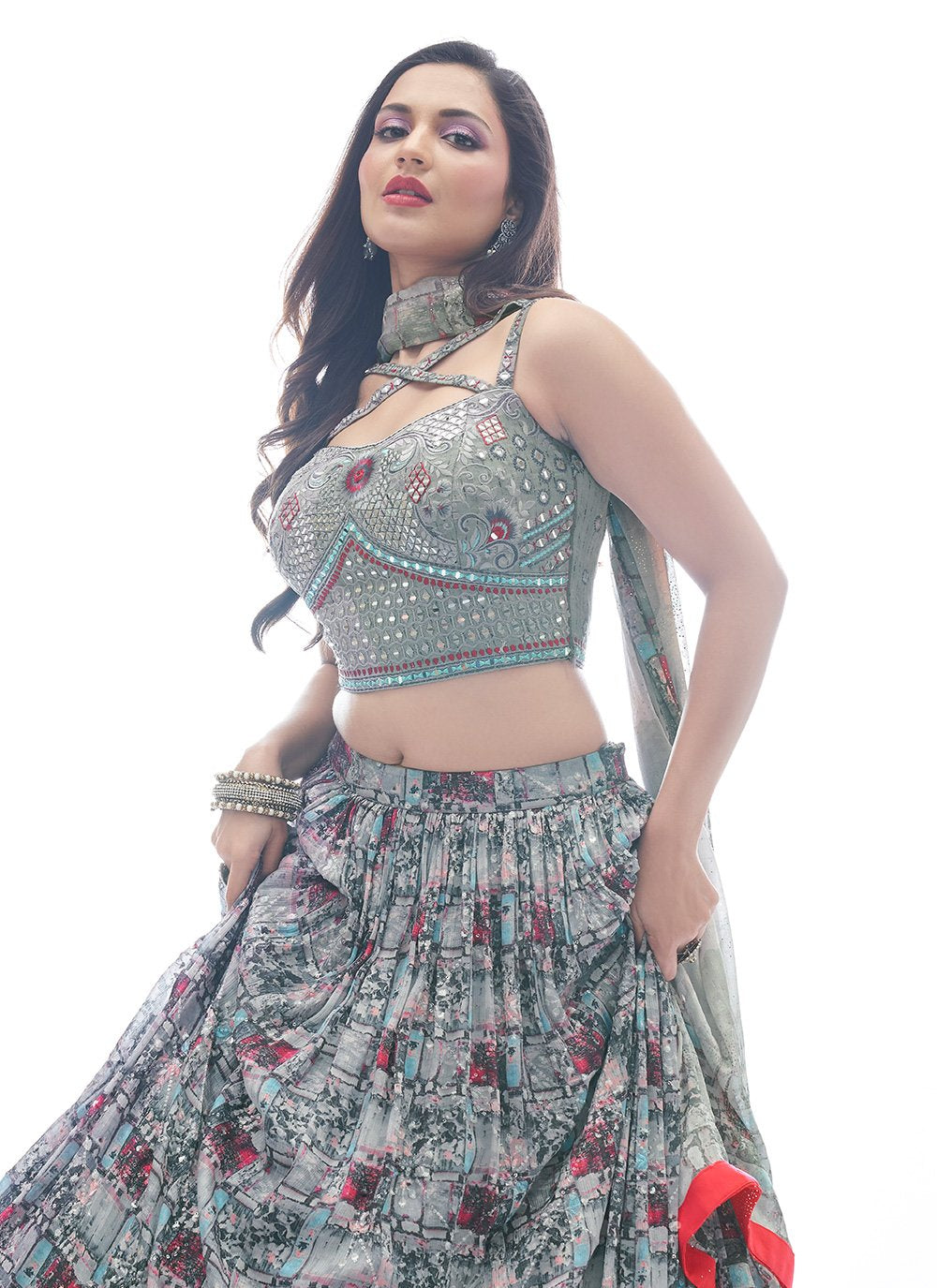 A Line Lehenga Chinon Grey Print Lehenga Choli