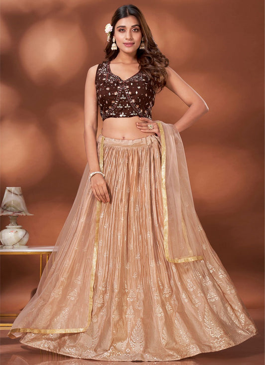 A Line Lehenga Chinon Peach Foil Print Lehenga Choli