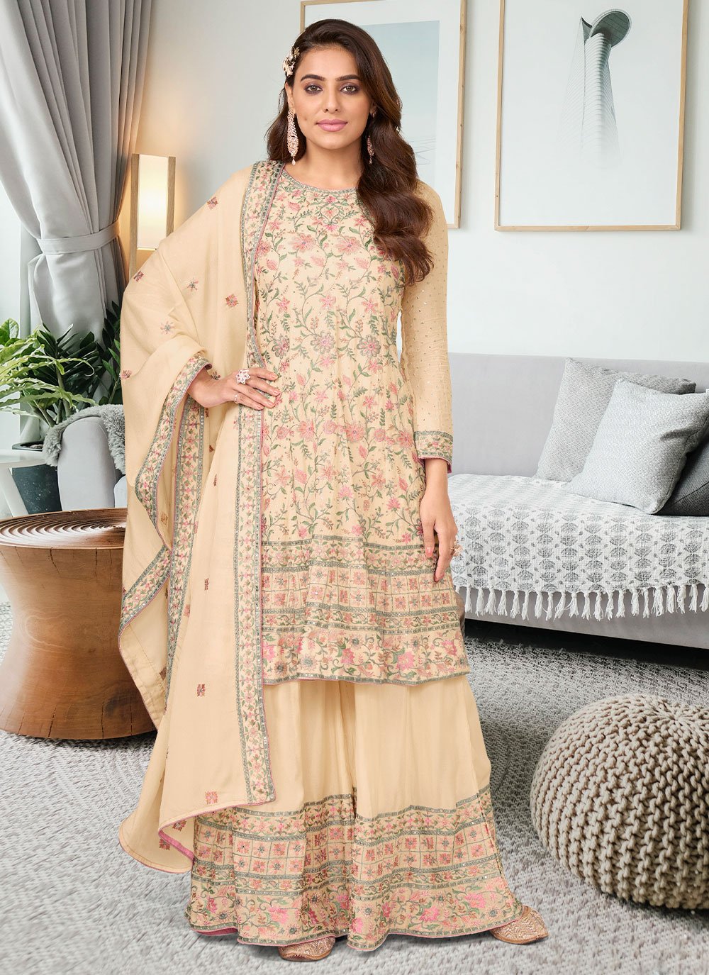 Salwar Suit Chinon Beige Embroidered Salwar Kameez