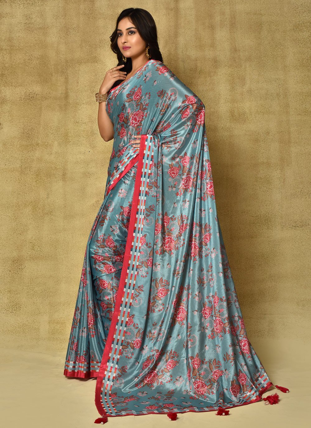 Designer Chinon Blue Digital Print Saree