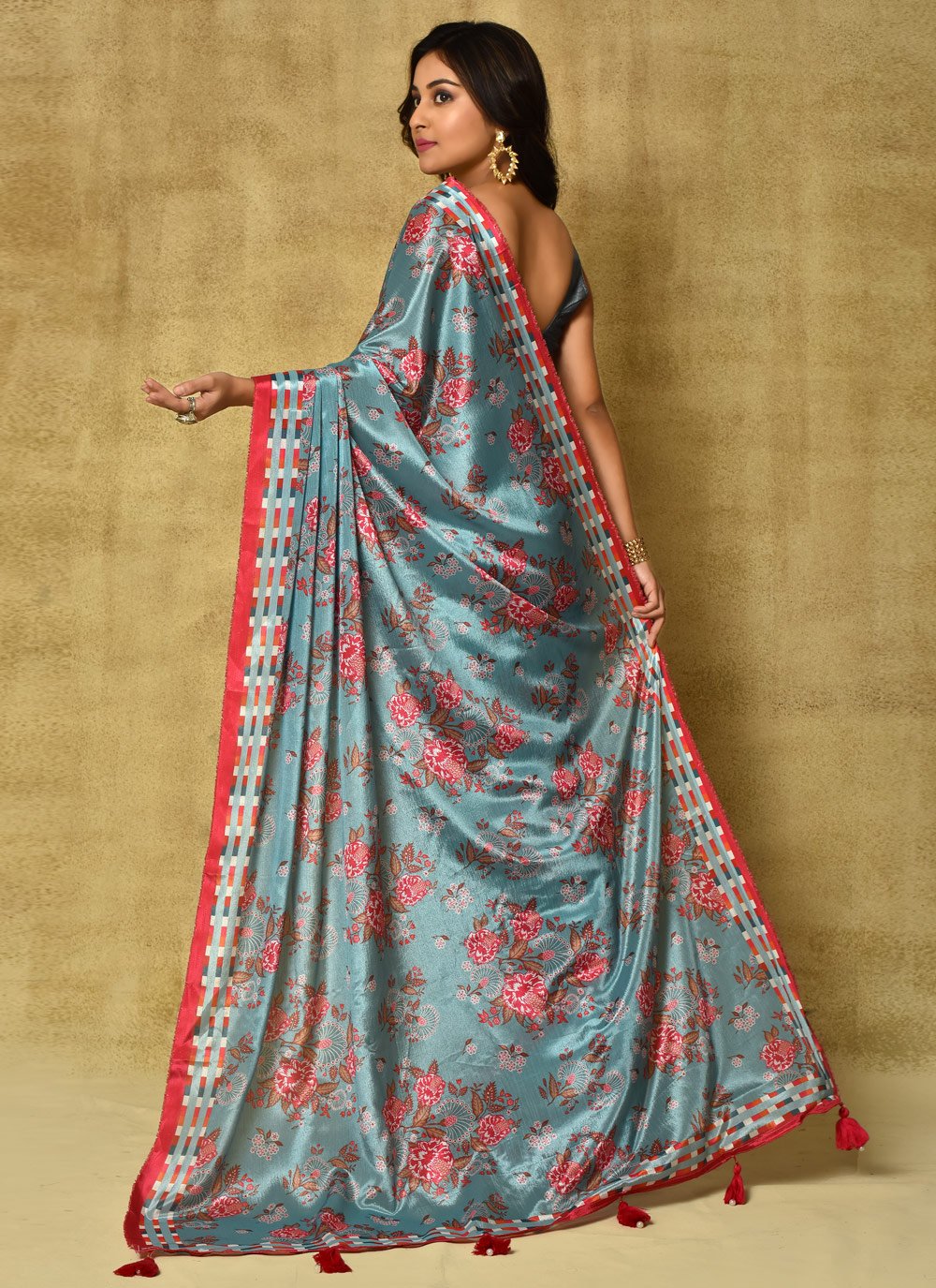 Designer Chinon Blue Digital Print Saree