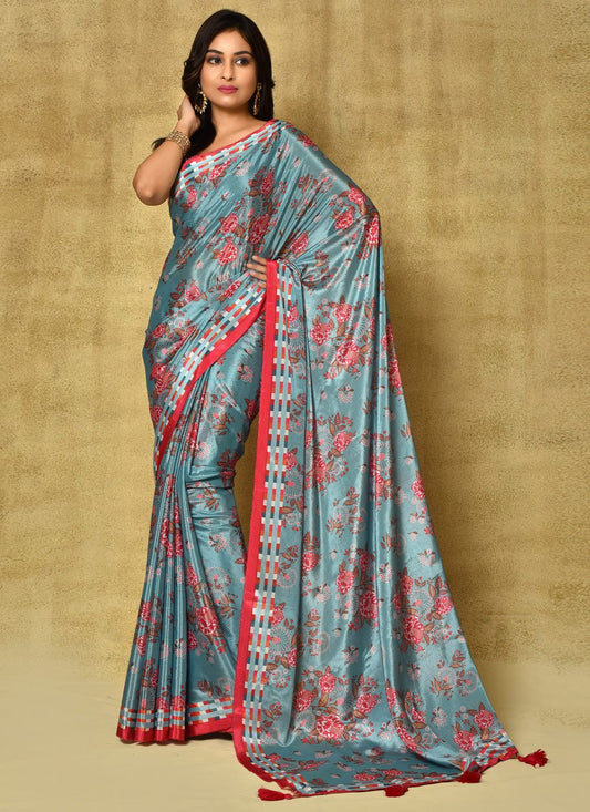 Designer Chinon Blue Digital Print Saree