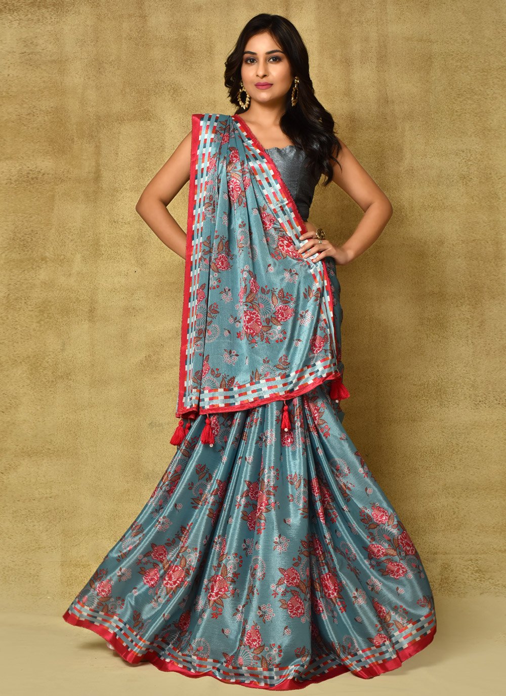 Designer Chinon Blue Digital Print Saree