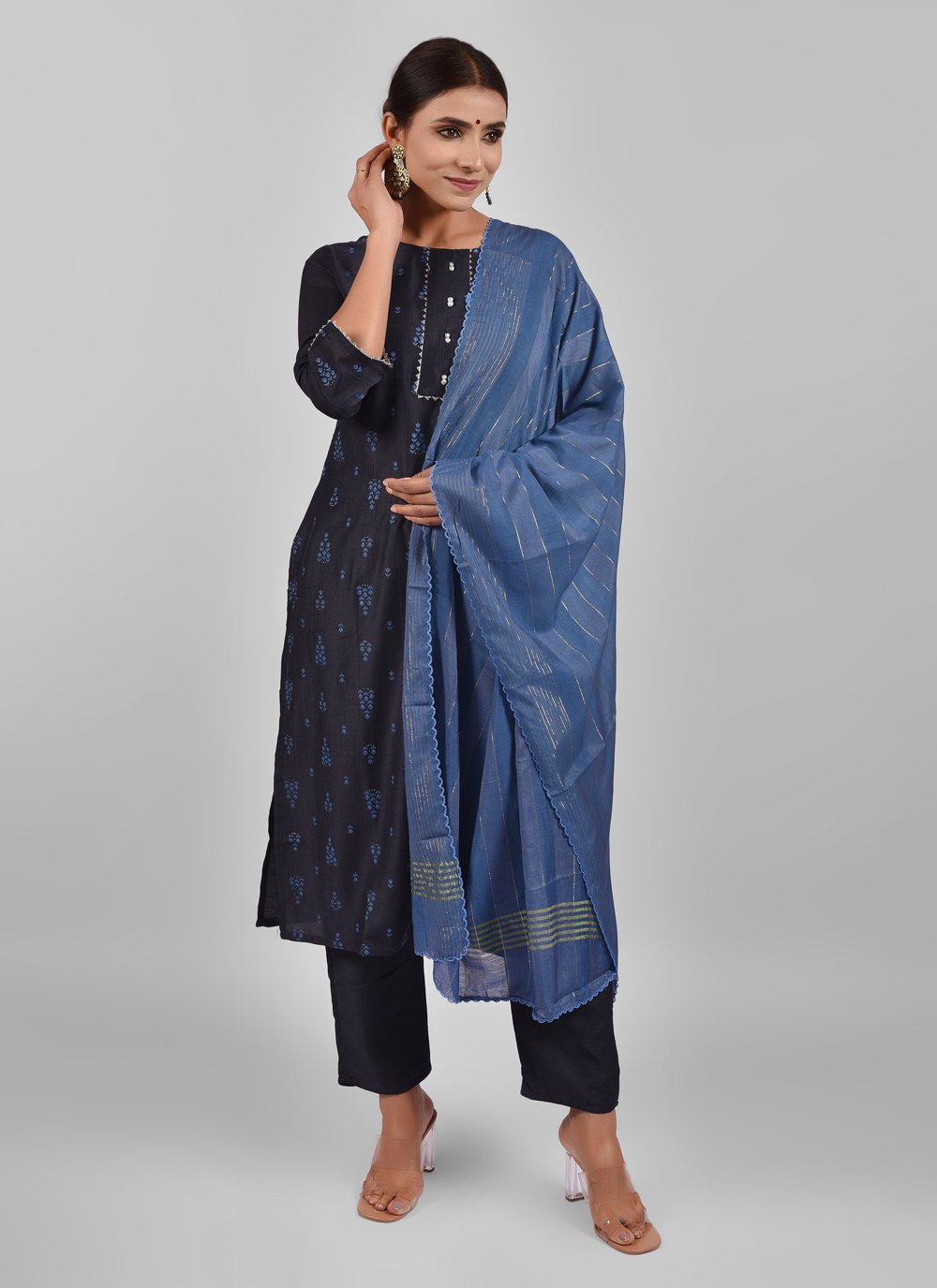 Pant Style Suit Chinon Silk Blue Fancy Work Salwar Kameez