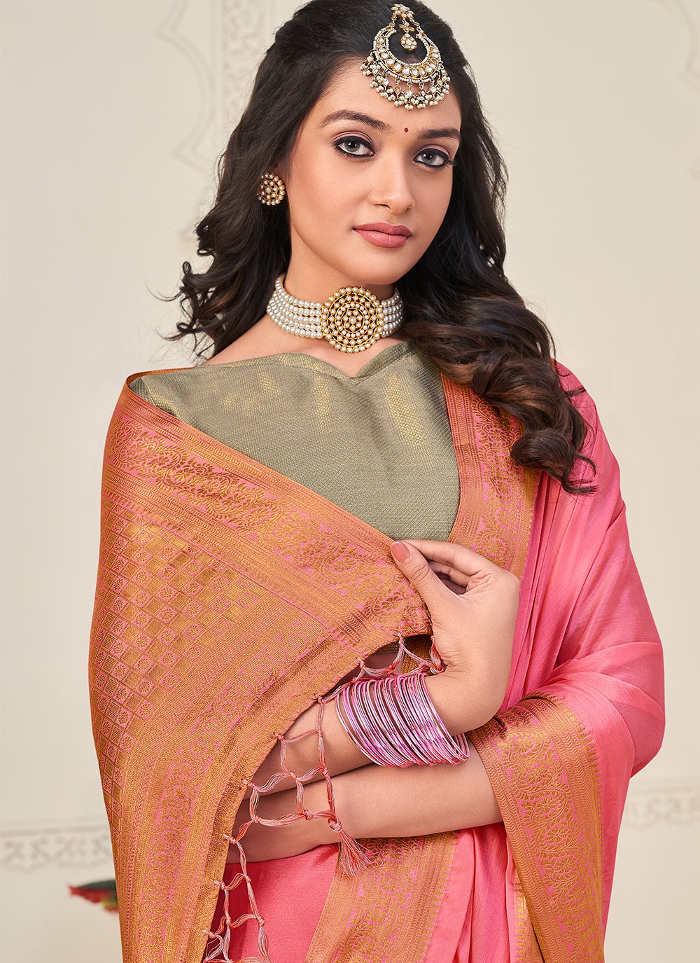 Classic Chinon Silk Pink Patch Border Saree