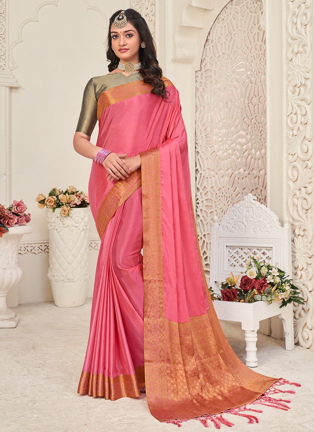 Classic Chinon Silk Pink Patch Border Saree