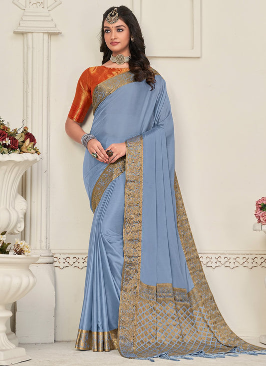 Contemporary Chinon Silk Aqua Blue Patch Border Saree