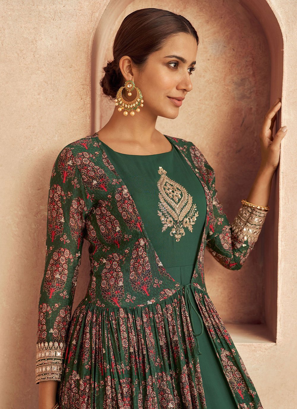 Gown Chinon Georgette Green Embroidered Gown