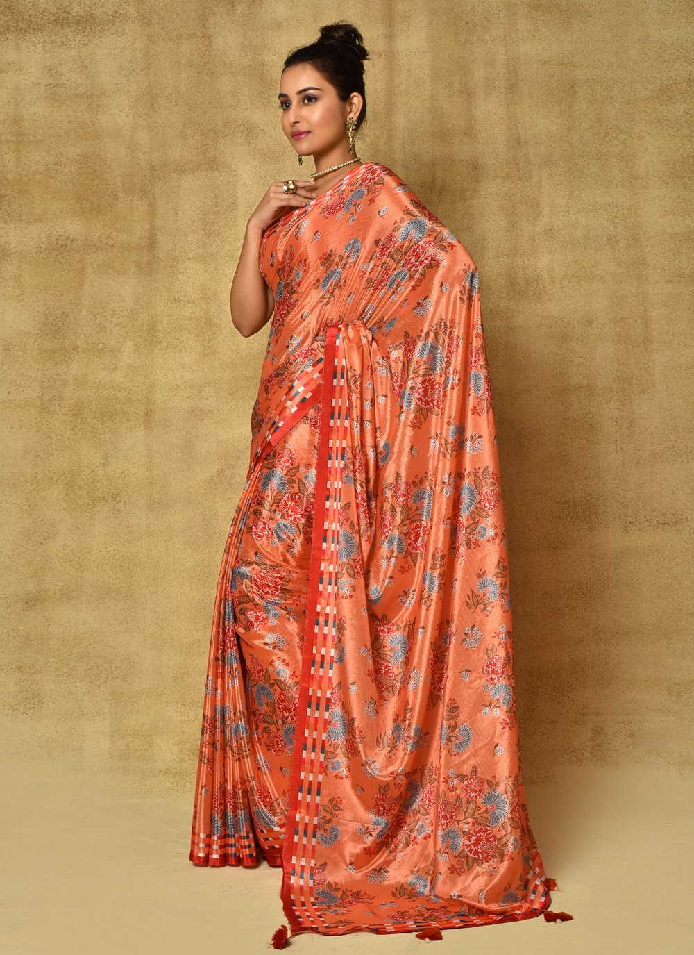 Designer Chinon Orange Digital Print Saree