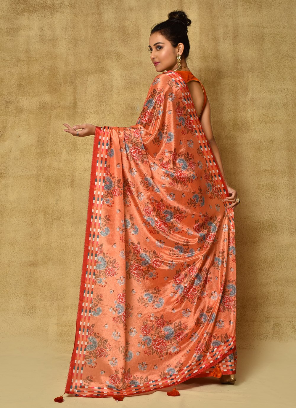 Designer Chinon Orange Digital Print Saree