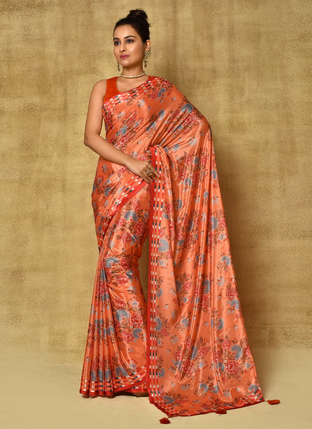 Designer Chinon Orange Digital Print Saree