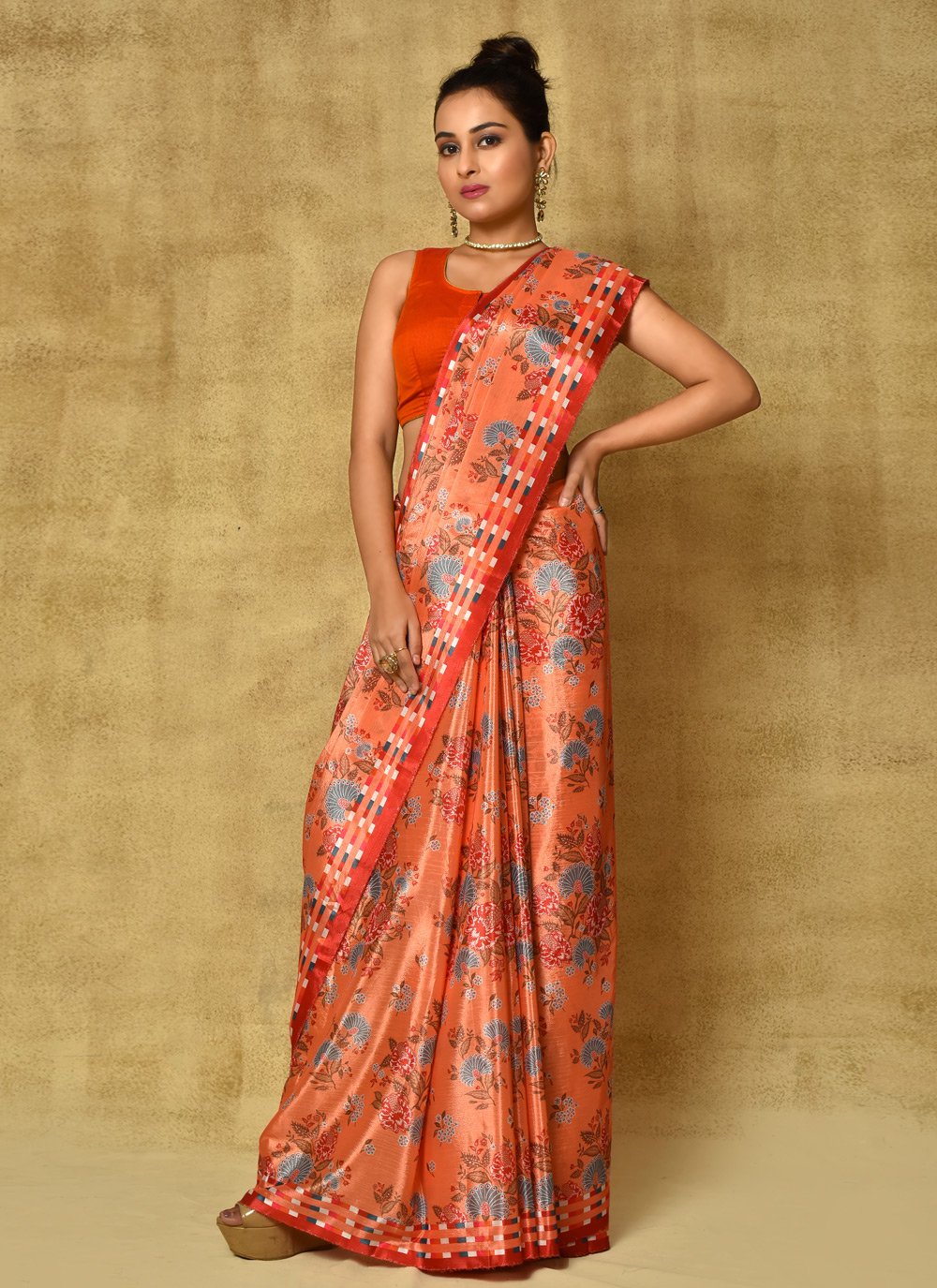 Designer Chinon Orange Digital Print Saree