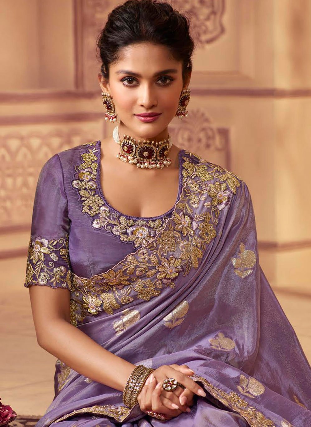 Classic Chinon Georgette Lavender Embroidered Saree