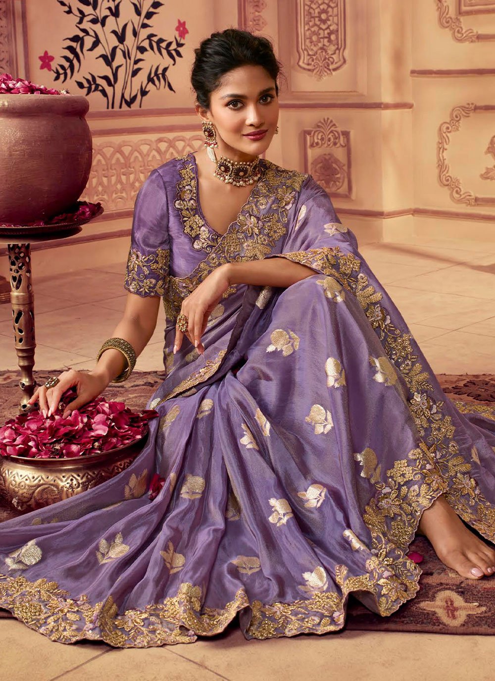 Classic Chinon Georgette Lavender Embroidered Saree