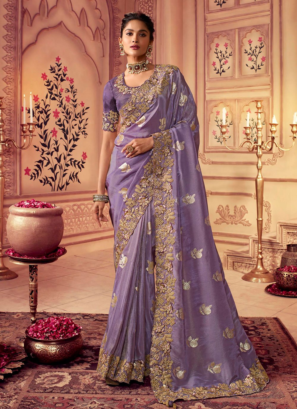 Classic Chinon Georgette Lavender Embroidered Saree