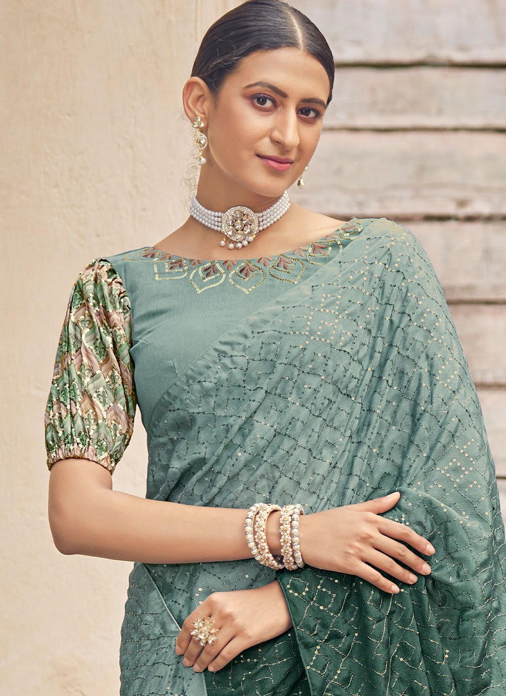 Classic Chinon Green Sequins Saree