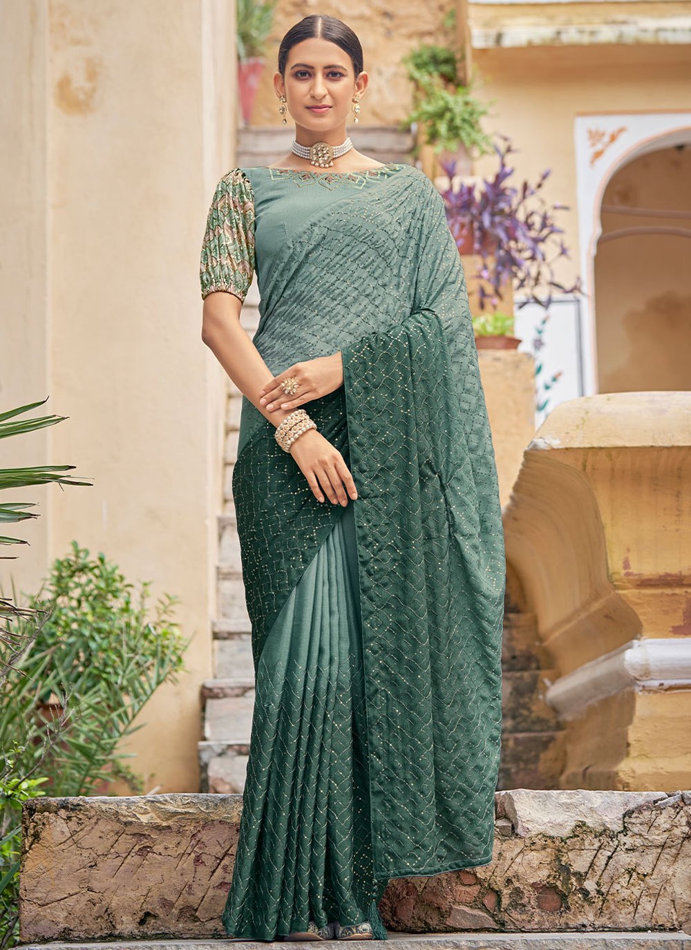 Classic Chinon Green Sequins Saree