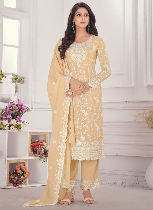 Floor Lenght Salwar Suit Chiffon Chinon Cream Embroidered Salwar Kameez