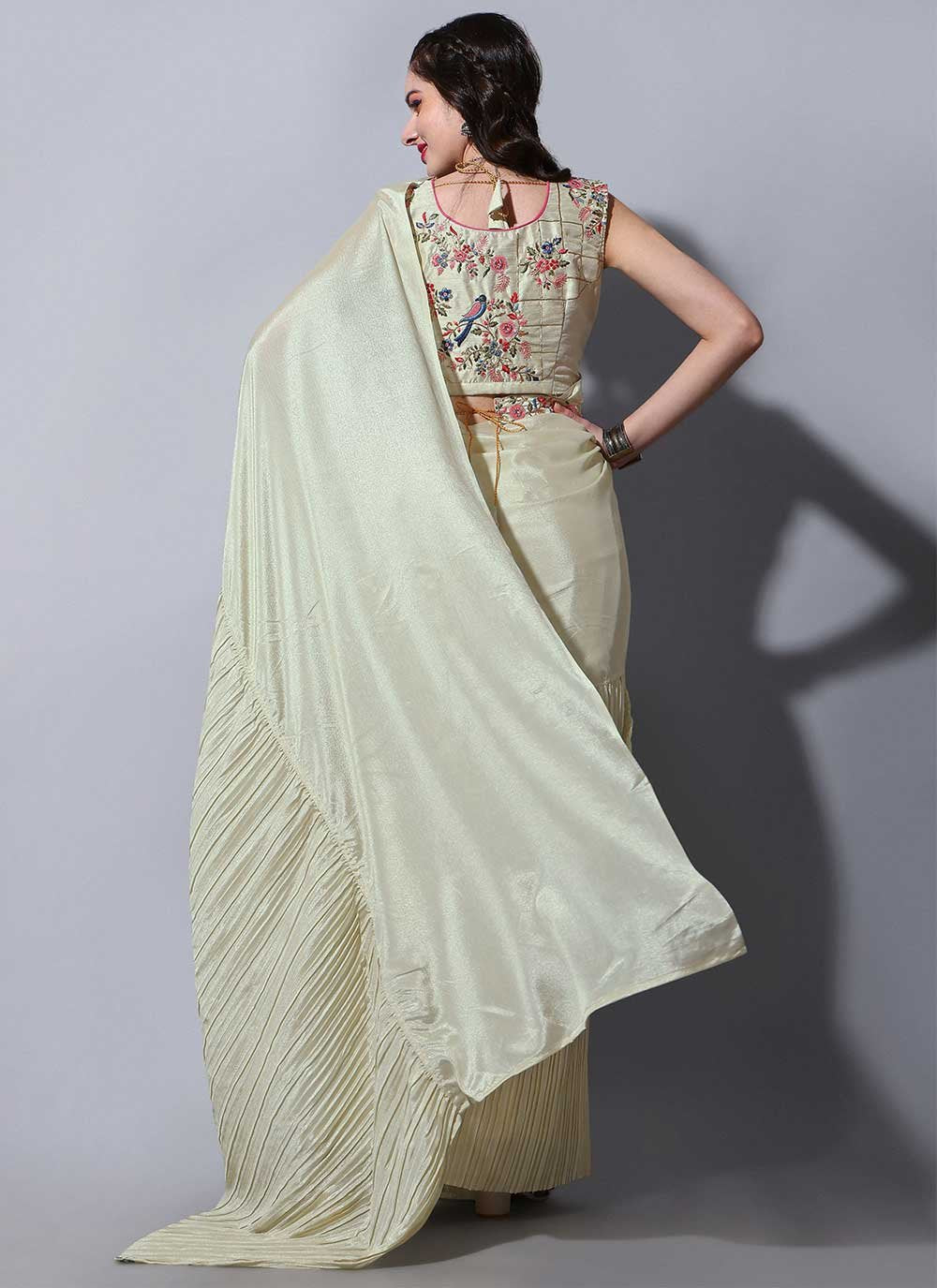 Trendy Saree Chinon Cream Fancy Work Saree