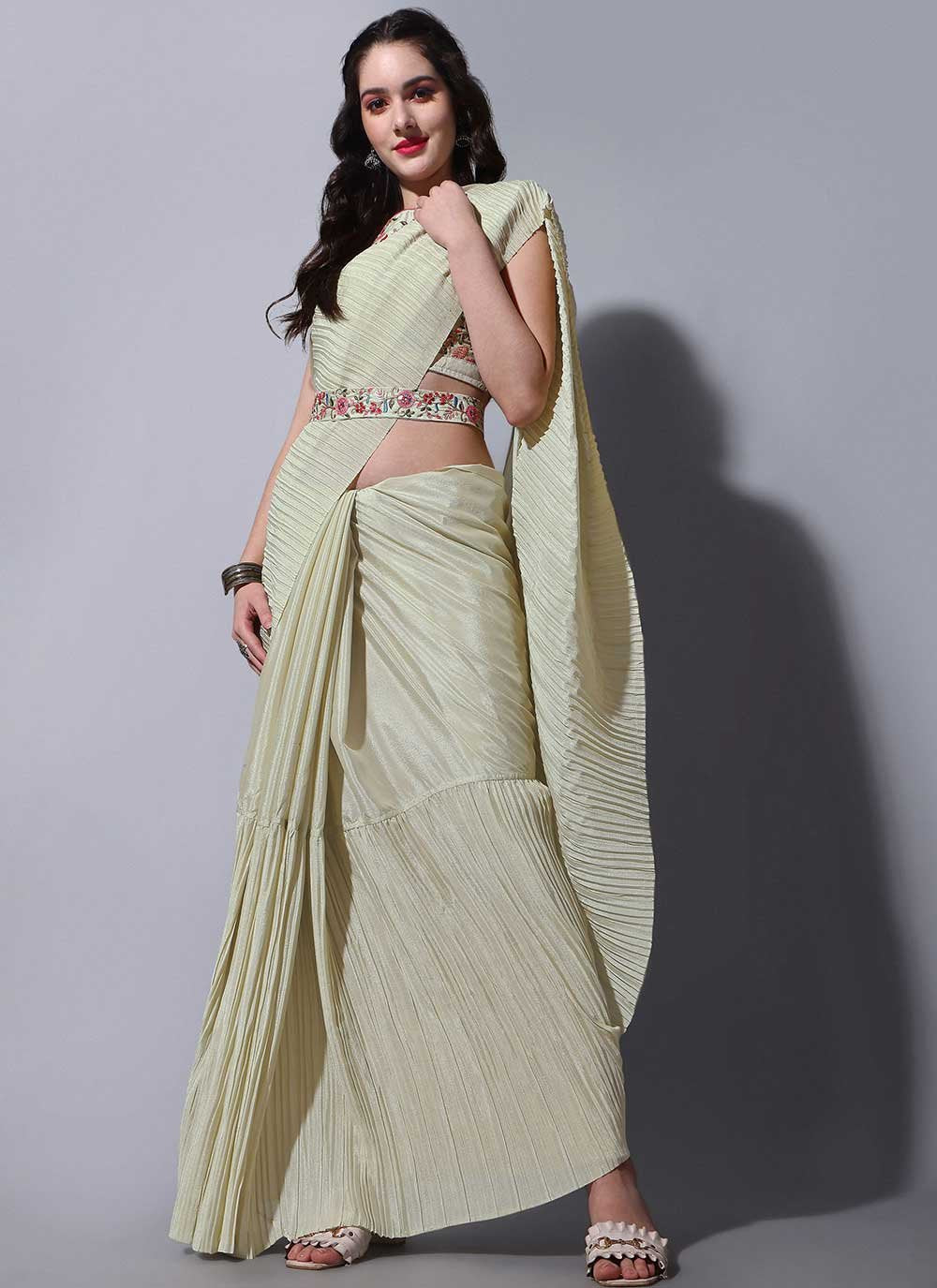 Trendy Saree Chinon Cream Fancy Work Saree