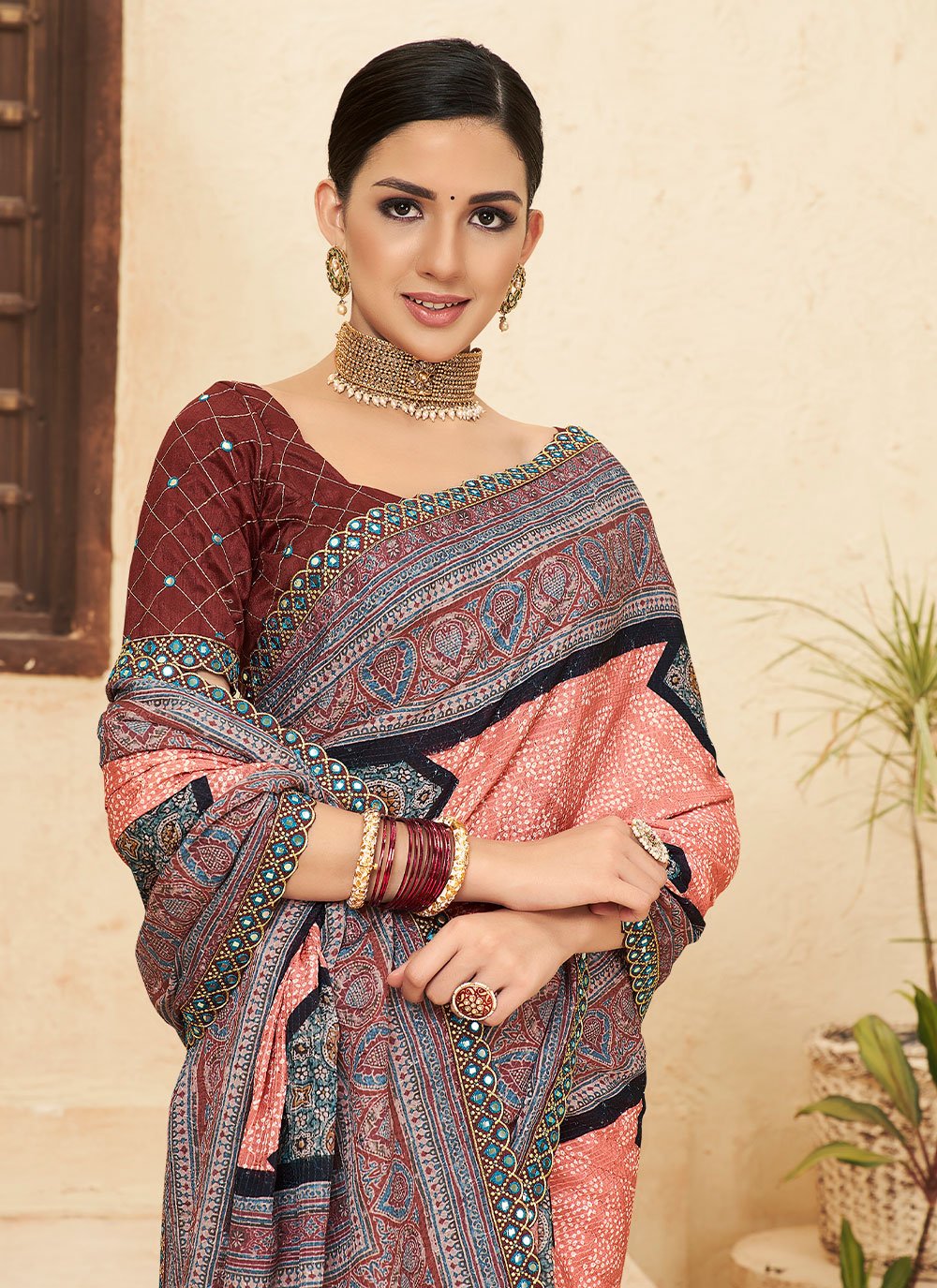 Designer Chinon Pink Bandhej Saree