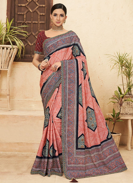 Designer Chinon Pink Bandhej Saree