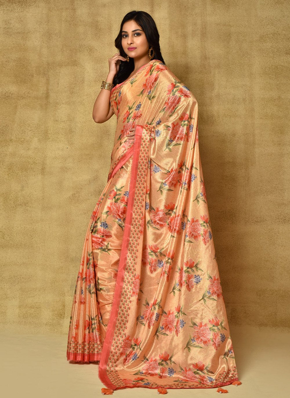 Designer Chinon Yellow Digital Print Saree