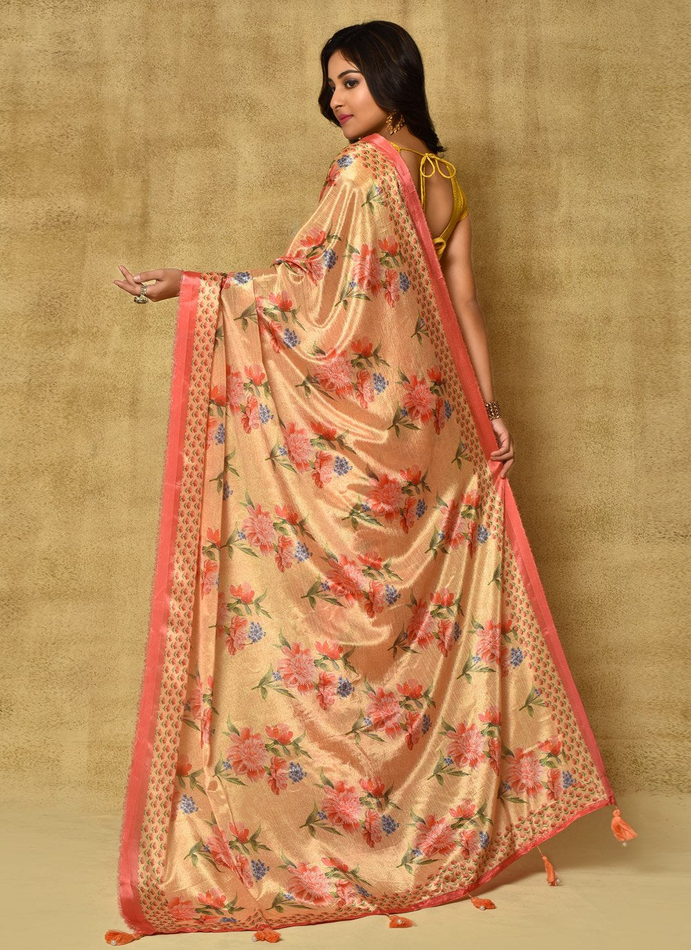 Designer Chinon Yellow Digital Print Saree