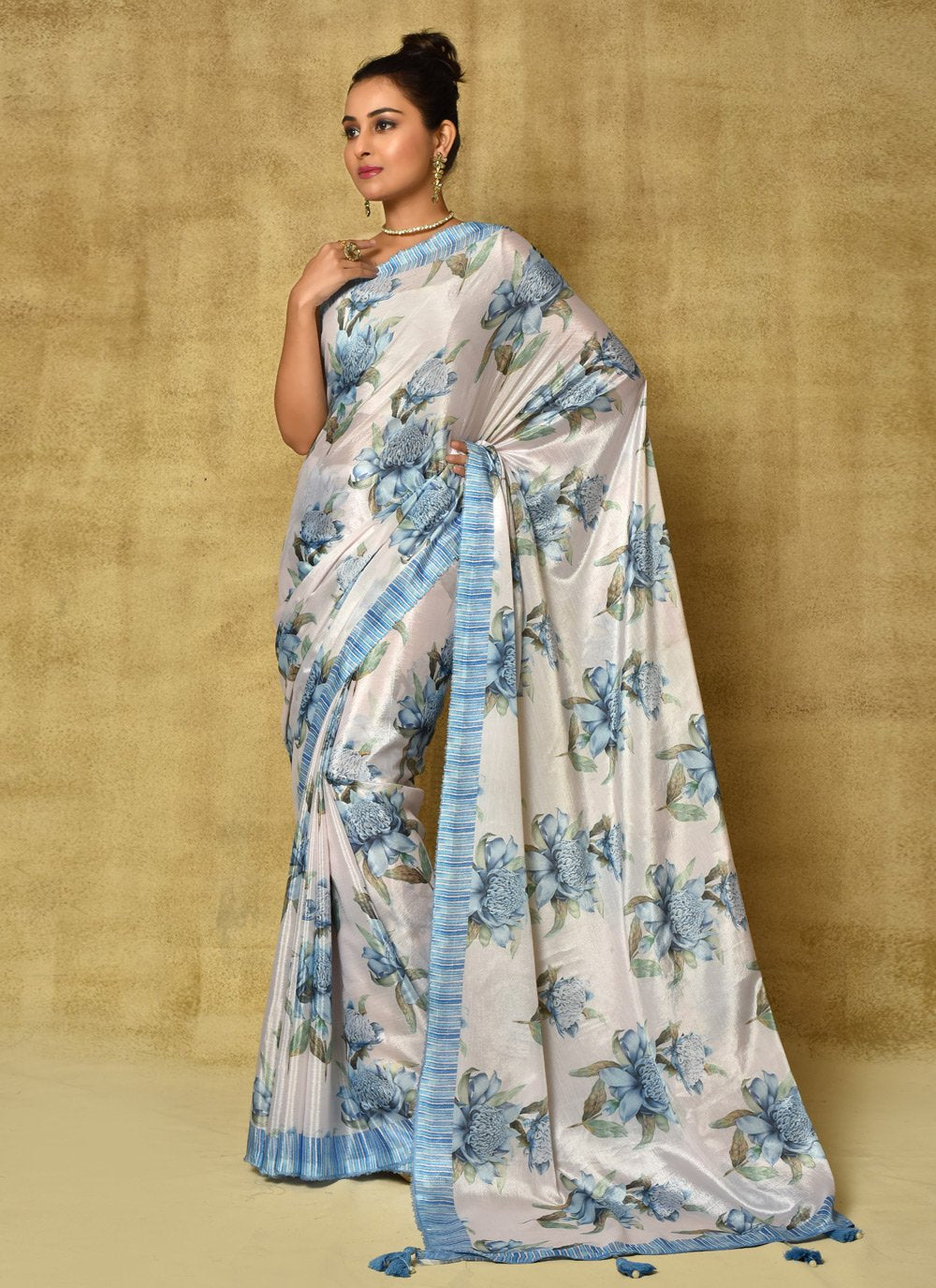 Designer Chinon Cream Digital Print Saree