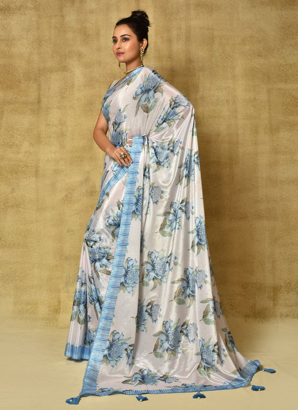 Designer Chinon Cream Digital Print Saree