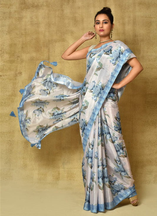 Designer Chinon Cream Digital Print Saree