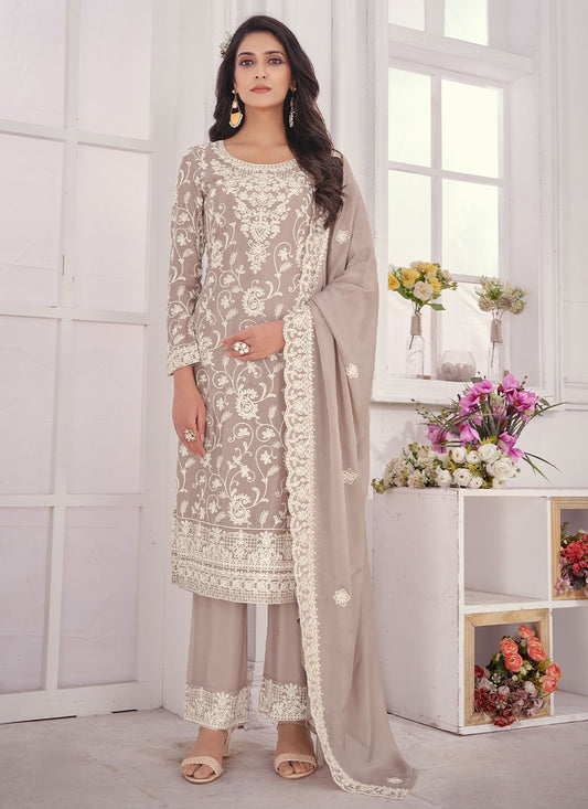 Straight Salwar Suit Chiffon Chinon Beige Embroidered Salwar Kameez