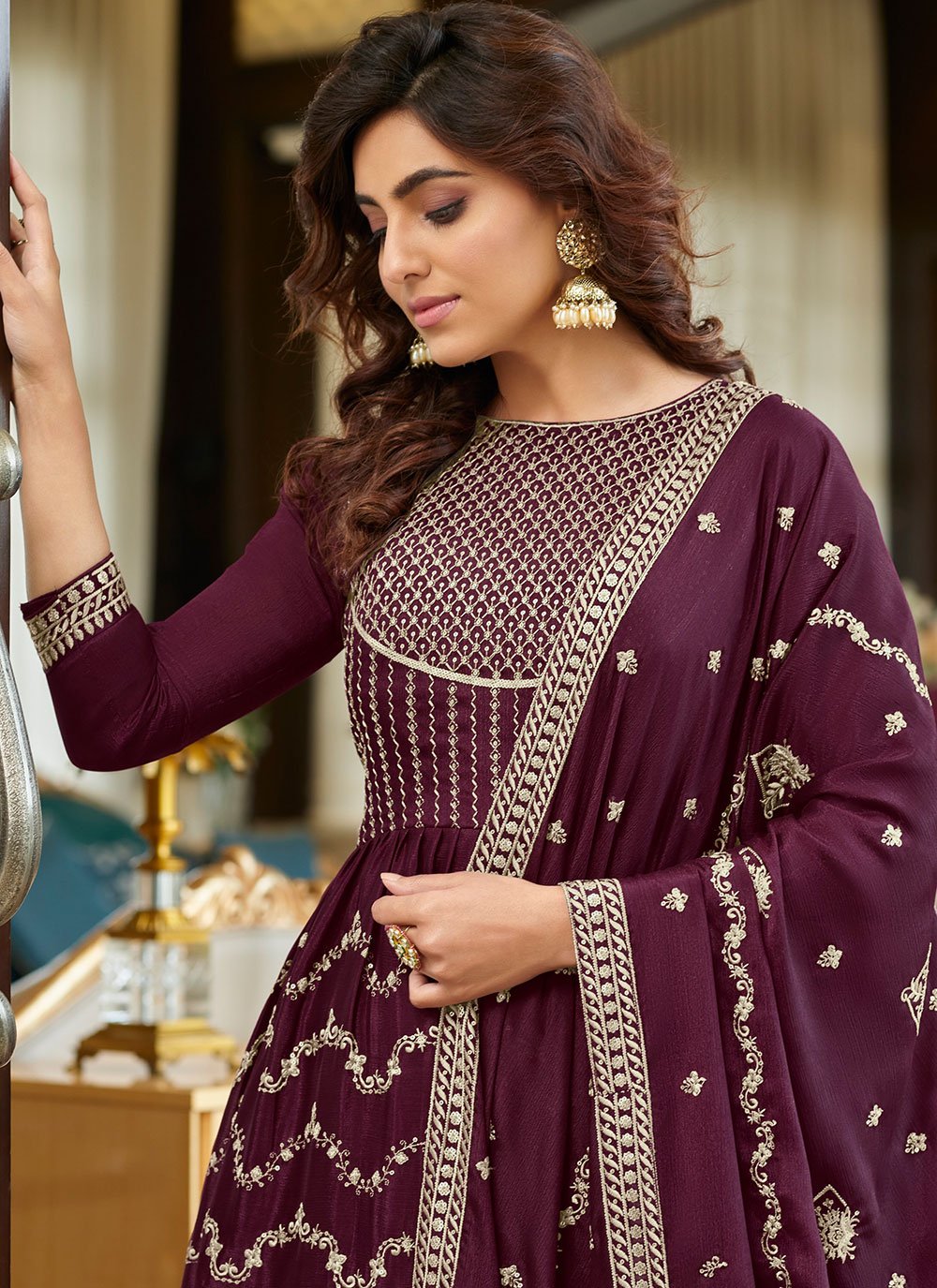 Pakistani Salwar Suit Chinon Purple Embroidered Salwar Kameez