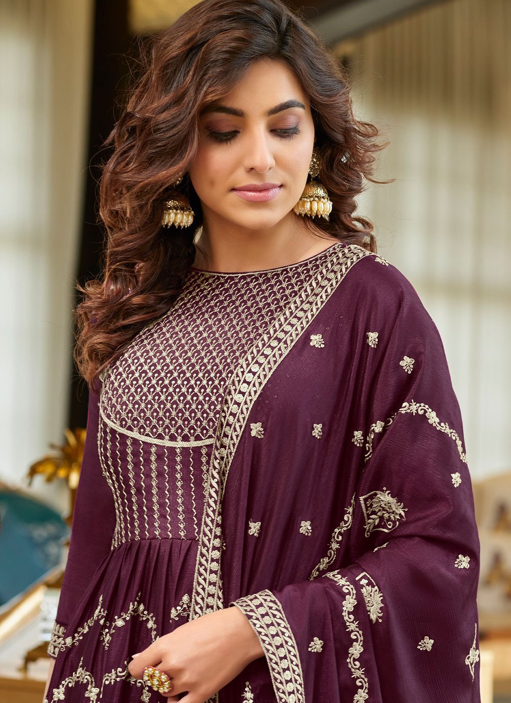 Pakistani Salwar Suit Chinon Purple Embroidered Salwar Kameez