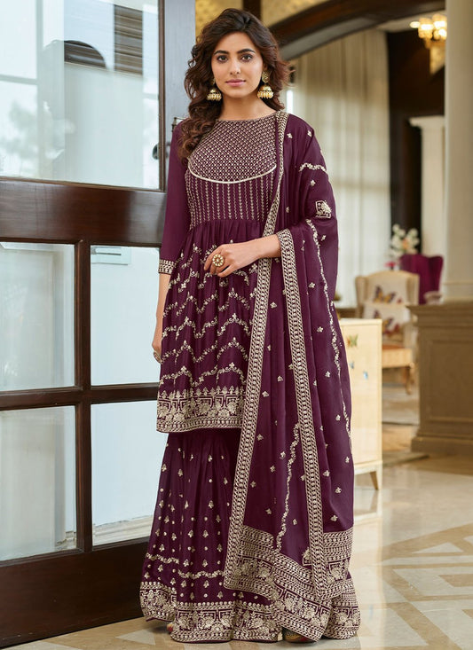 Pakistani Salwar Suit Chinon Purple Embroidered Salwar Kameez