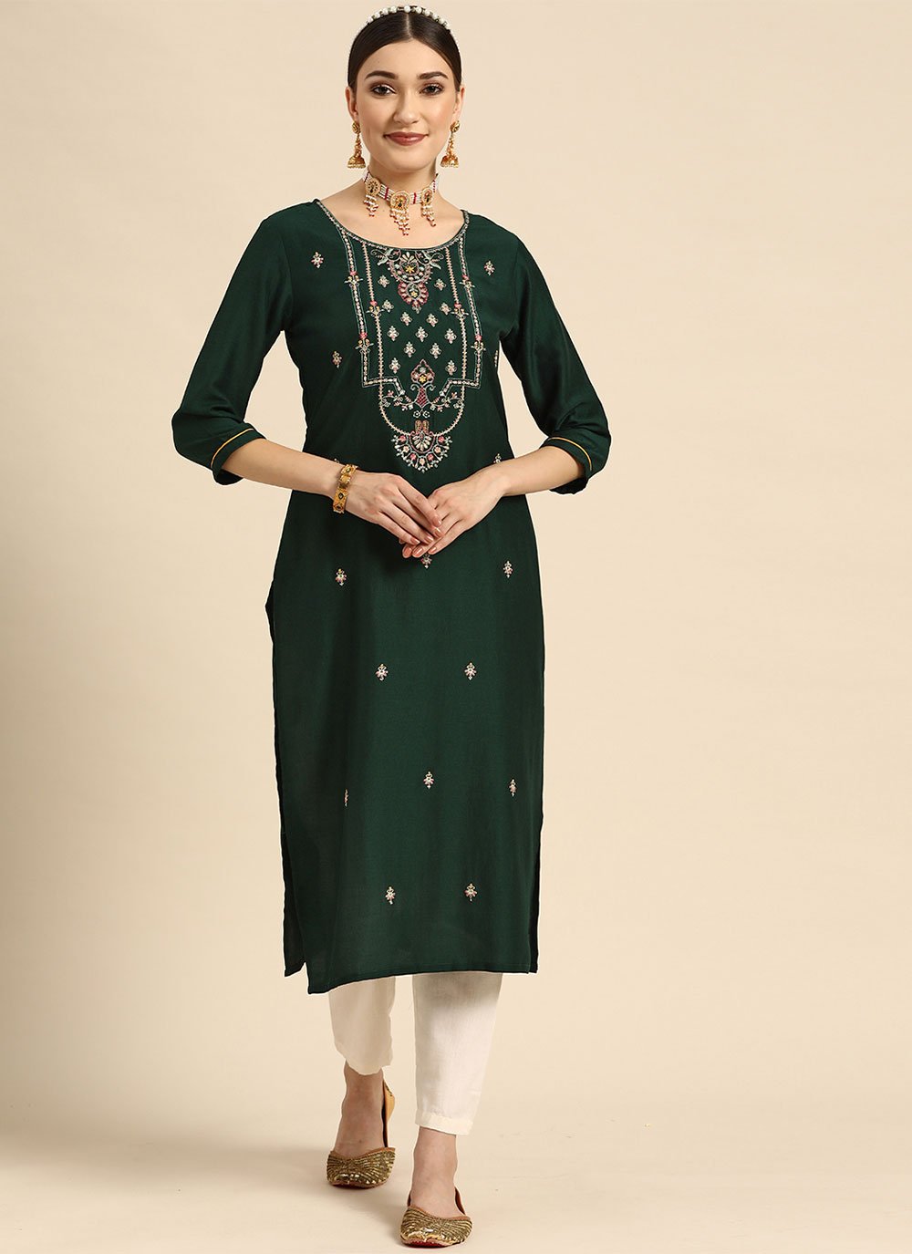 Casual Kurti Chinon Green Embroidered Kurtis