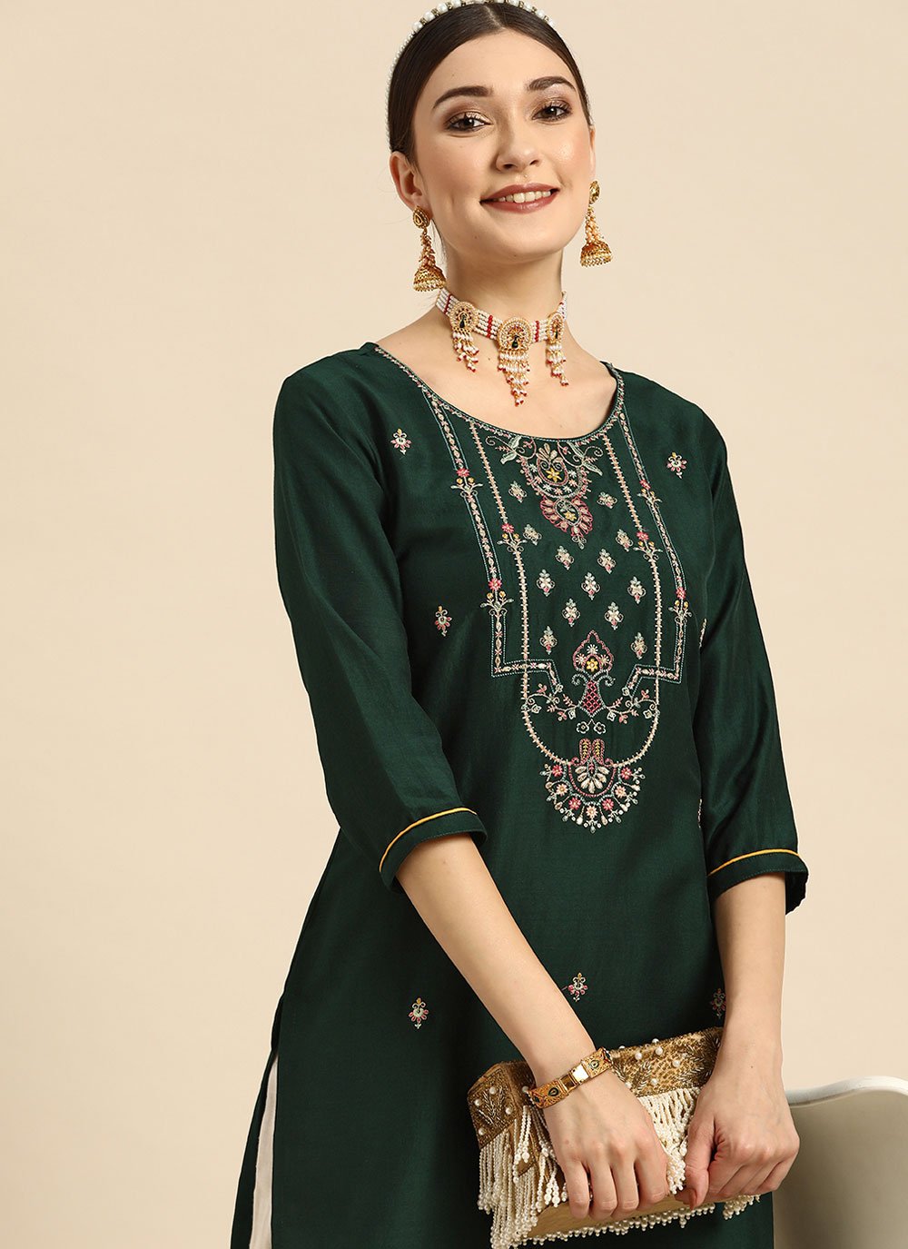 Casual Kurti Chinon Green Embroidered Kurtis