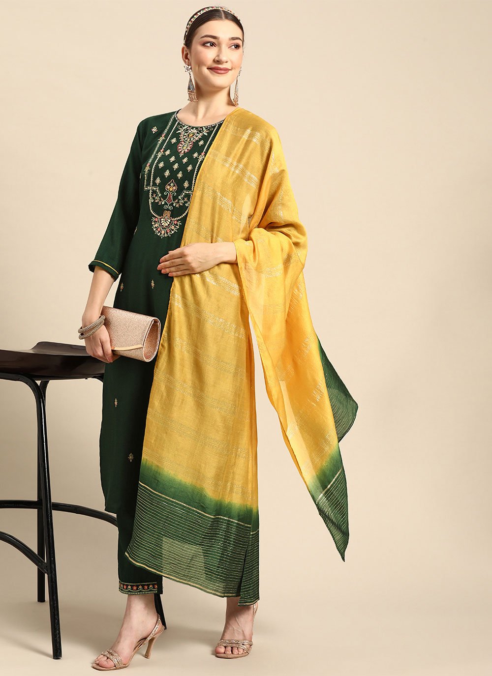 Salwar Suit Chinon Green Embroidered Salwar Kameez