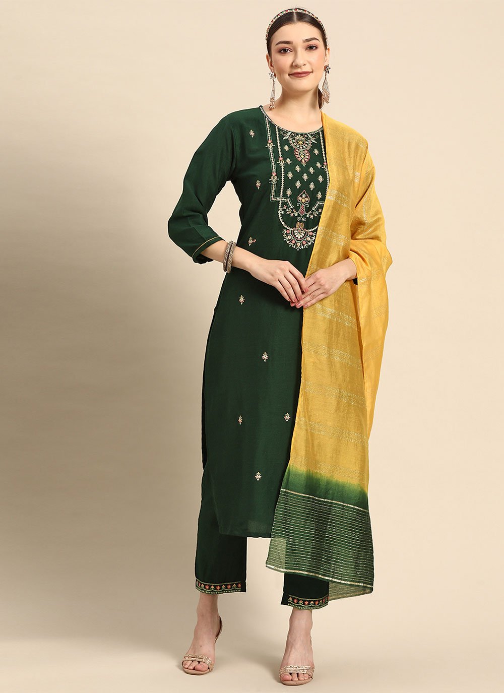 Salwar Suit Chinon Green Embroidered Salwar Kameez