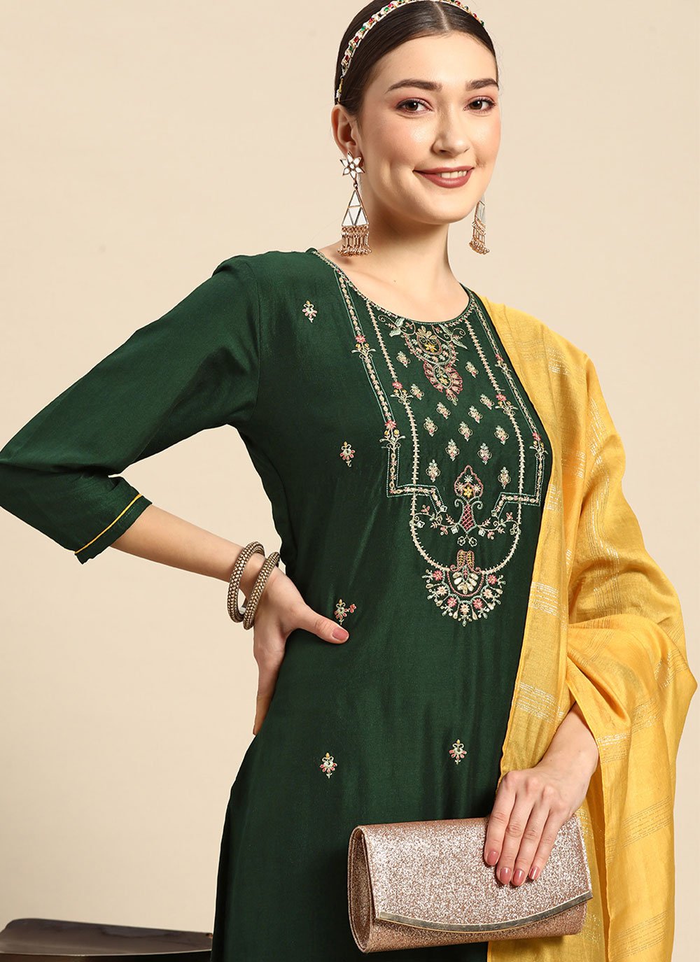 Salwar Suit Chinon Green Embroidered Salwar Kameez