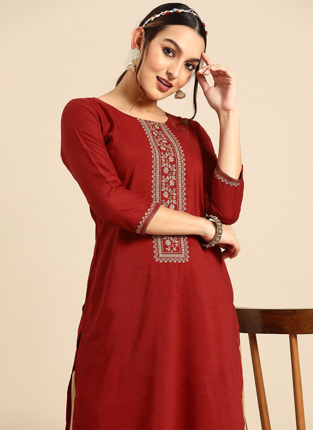 Casual Kurti Chinon Maroon Embroidered Kurtis