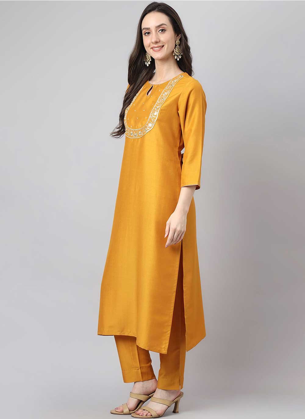 Salwar Suit Chinon Mustard Embroidered Salwar Kameez