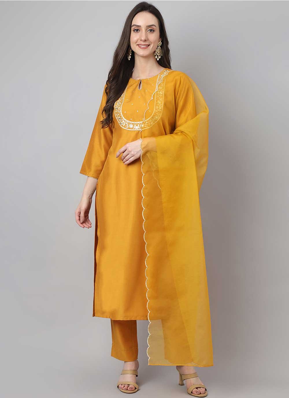 Salwar Suit Chinon Mustard Embroidered Salwar Kameez