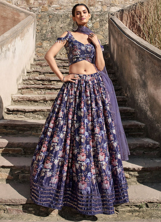 A Line Lehenga Chinon Silk Blue Embroidered Lehenga Choli