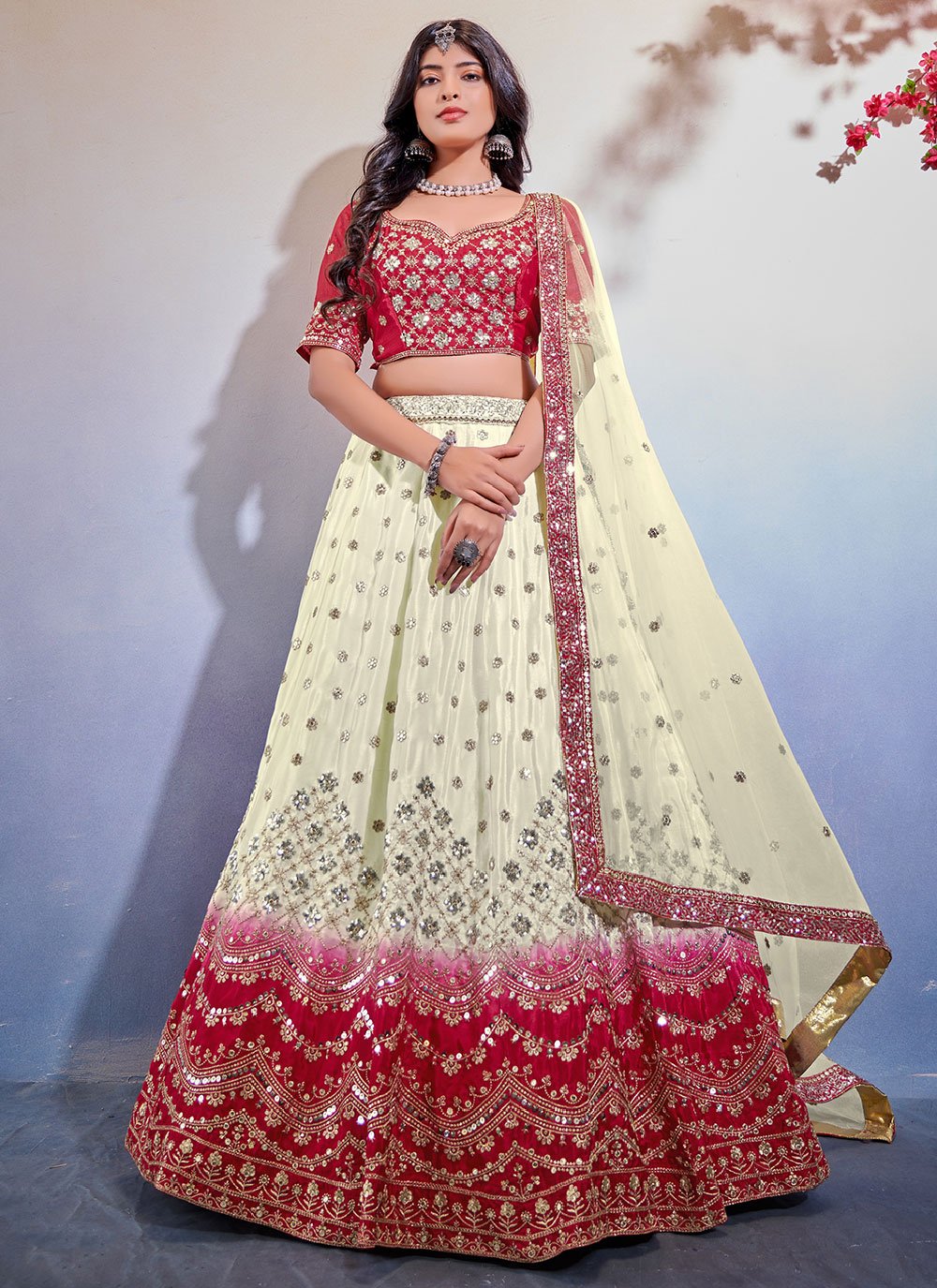 Lehenga Choli Chinon Off White Red Embroidered Lehenga Choli