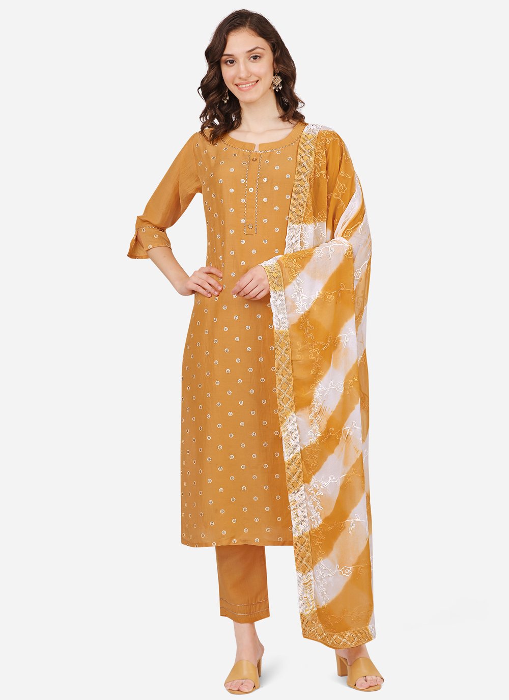 Pant Style Suit Chinon Silk Mustard Embroidered Salwar Kameez