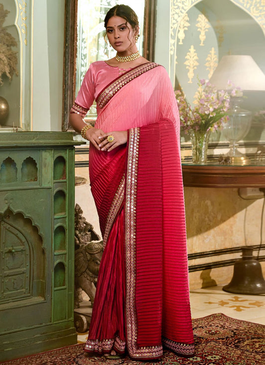 Classic Chinon Pink Embroidered Saree