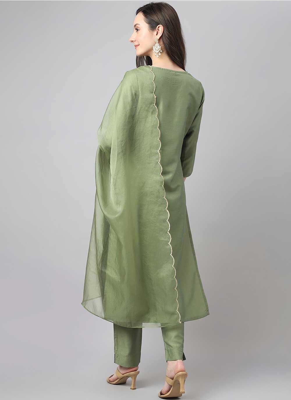 Salwar Suit Chinon Green Embroidered Salwar Kameez