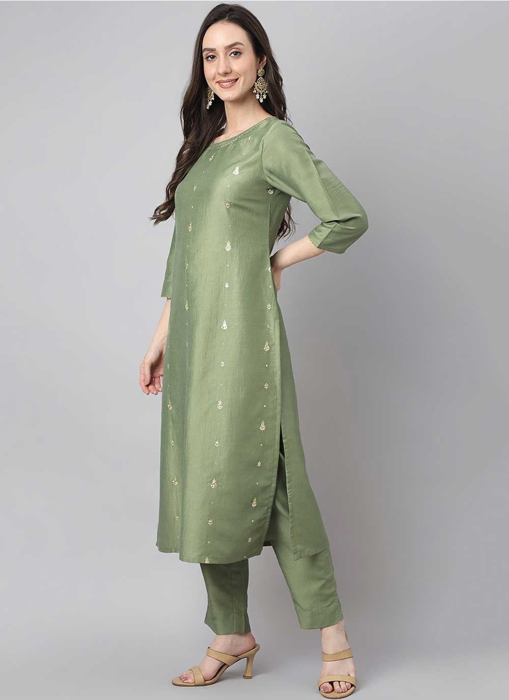 Salwar Suit Chinon Green Embroidered Salwar Kameez